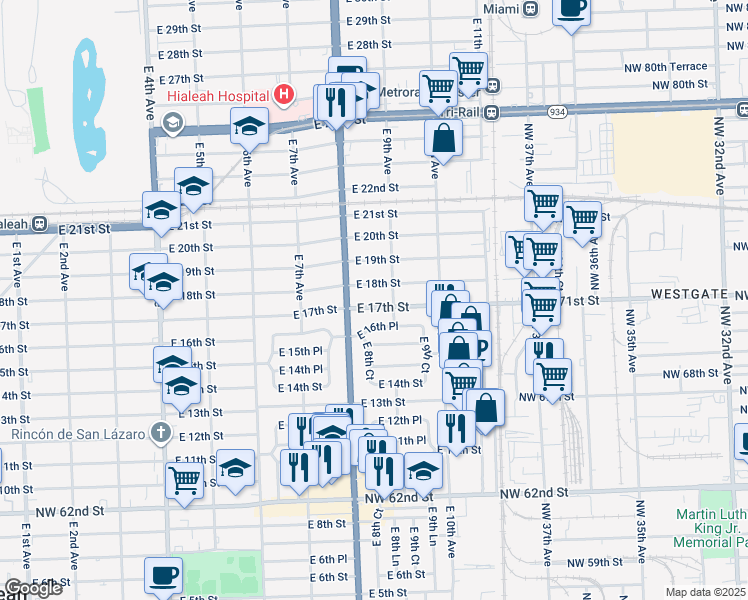 map of restaurants, bars, coffee shops, grocery stores, and more near 830 East 17th Street in Hialeah