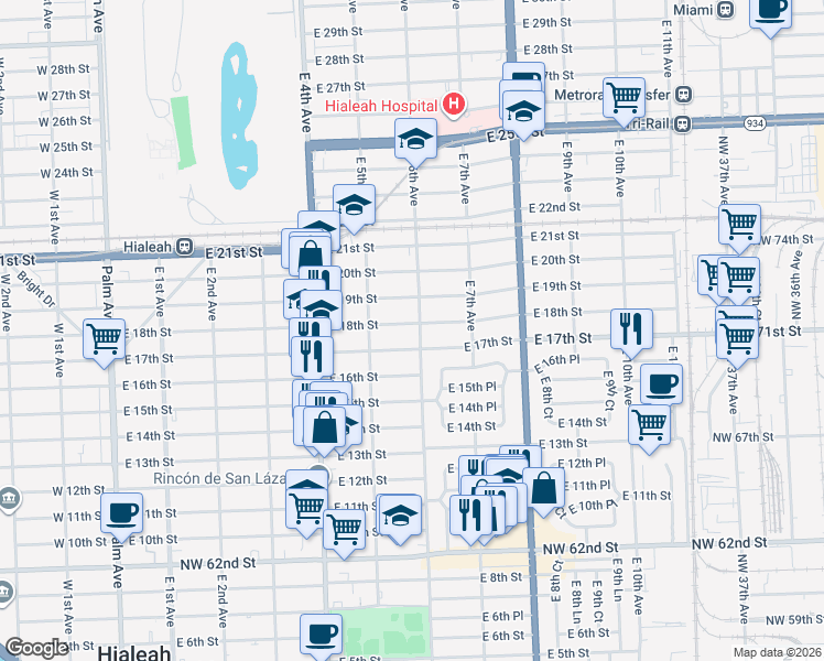 map of restaurants, bars, coffee shops, grocery stores, and more near 610 East 17th Street in Hialeah