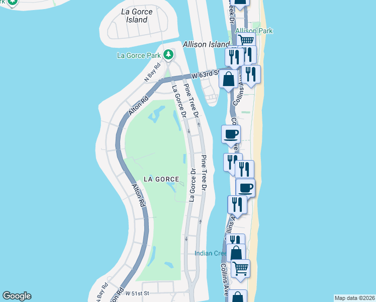 map of restaurants, bars, coffee shops, grocery stores, and more near 5750 Lagorce Drive in Miami Beach