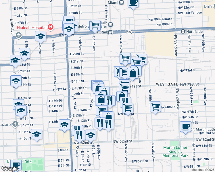 map of restaurants, bars, coffee shops, grocery stores, and more near 1071 East 16th Street in Hialeah