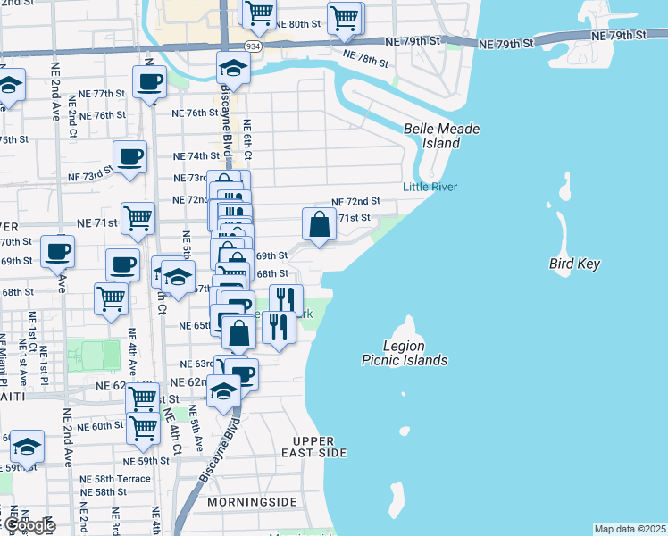 map of restaurants, bars, coffee shops, grocery stores, and more near 720 Northeast 69th Street in Miami Beach