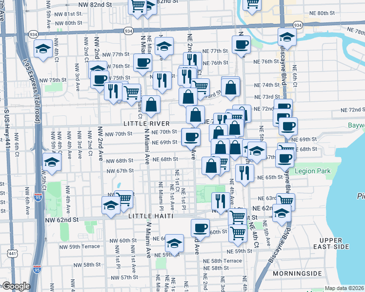 map of restaurants, bars, coffee shops, grocery stores, and more near 150 Northeast 69th Street in Miami