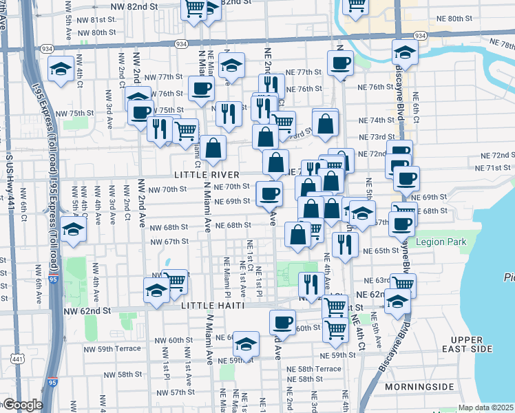map of restaurants, bars, coffee shops, grocery stores, and more near 150 Northeast 69th Street in Miami