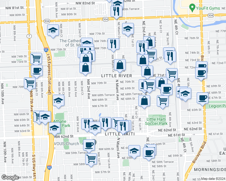 map of restaurants, bars, coffee shops, grocery stores, and more near 30 Northwest 69th Street in Miami