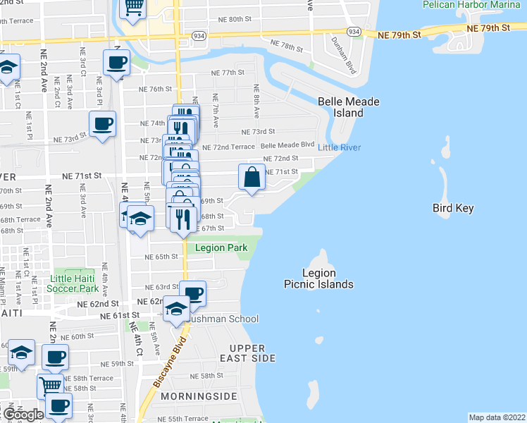 map of restaurants, bars, coffee shops, grocery stores, and more near 780 Northeast 69th Street in Miami
