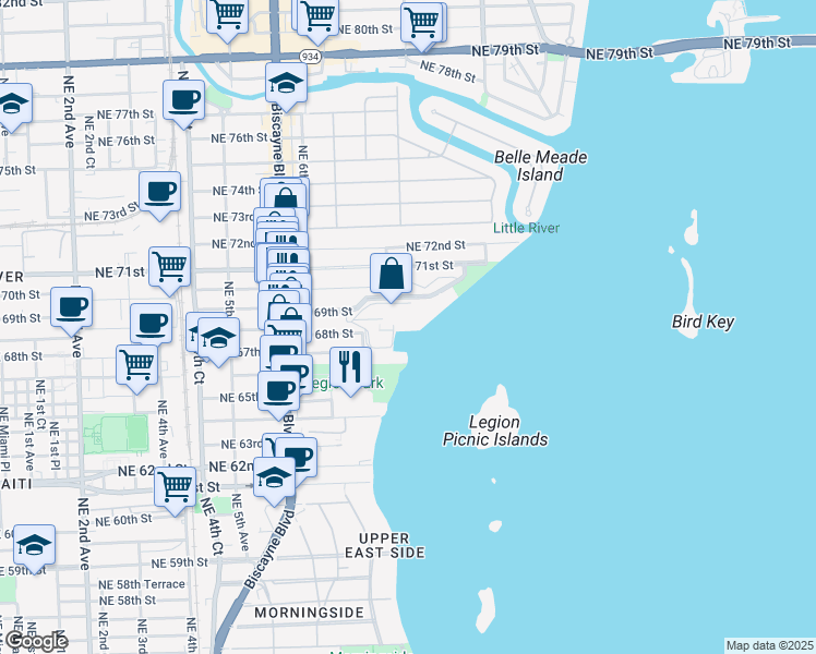 map of restaurants, bars, coffee shops, grocery stores, and more near 770 Northeast 69th Street in Miami