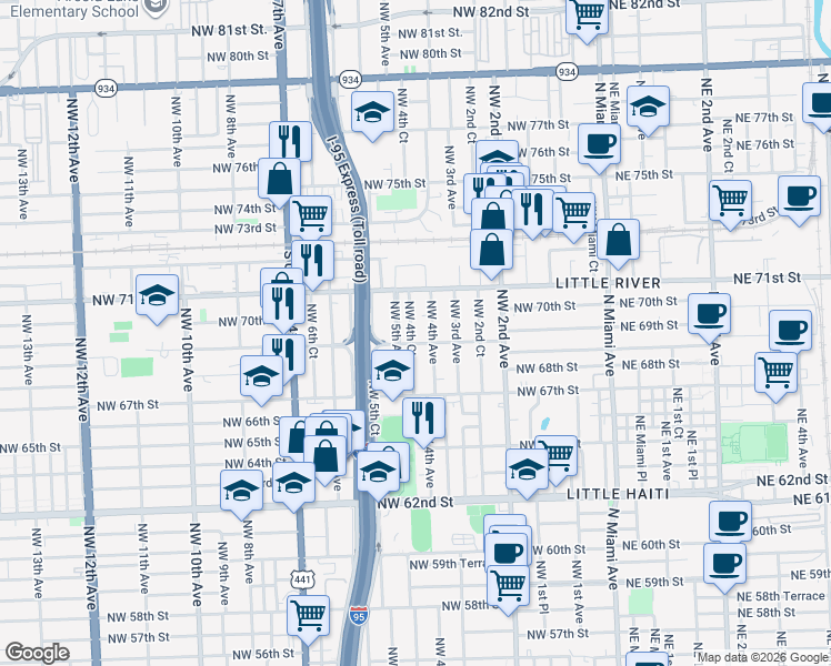 map of restaurants, bars, coffee shops, grocery stores, and more near 6940 Northwest 4th Avenue in Miami