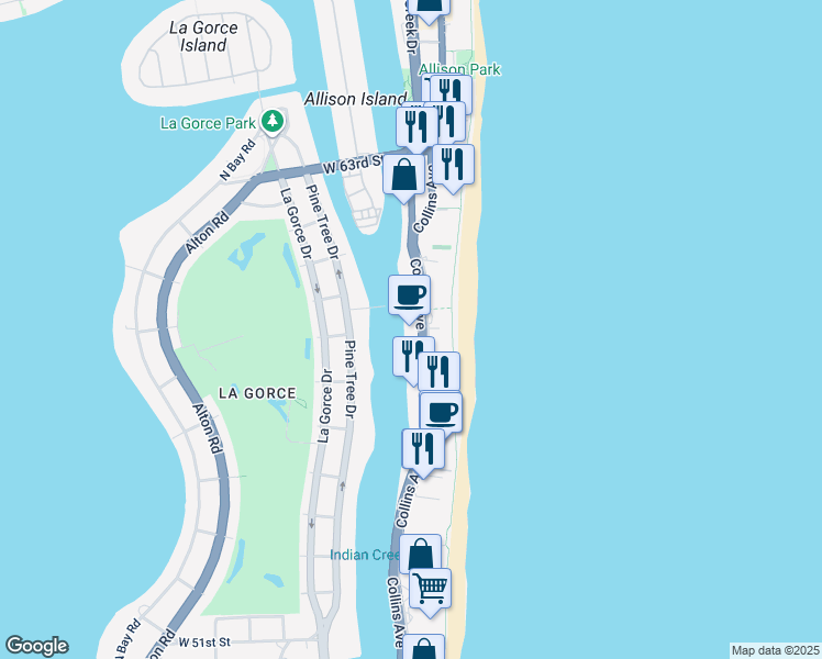 map of restaurants, bars, coffee shops, grocery stores, and more near 5700 Collins Avenue in Miami Beach