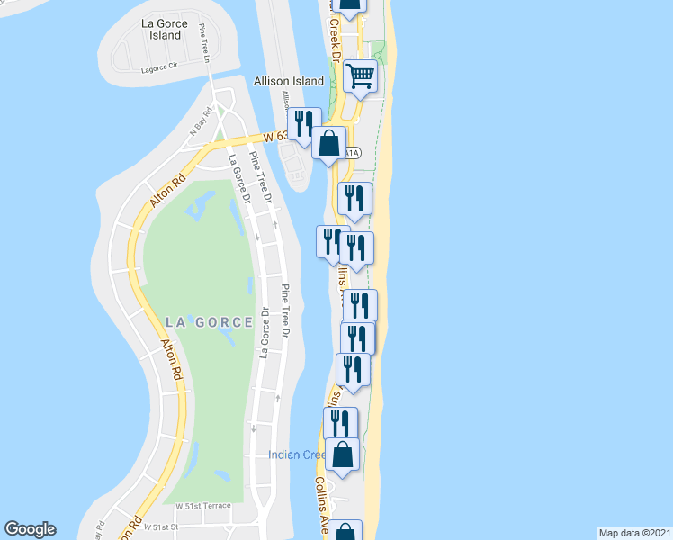 map of restaurants, bars, coffee shops, grocery stores, and more near 5750 Collins Avenue in Miami