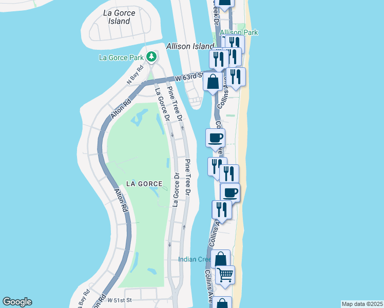 map of restaurants, bars, coffee shops, grocery stores, and more near 5840 Pine Tree Drive in Miami Beach