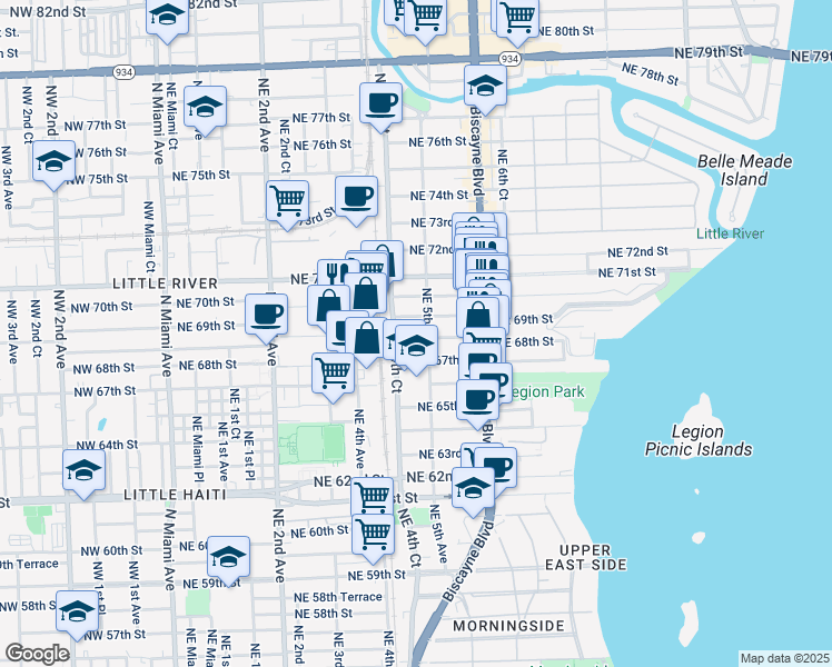 map of restaurants, bars, coffee shops, grocery stores, and more near 469 Northeast 69th Street in Miami