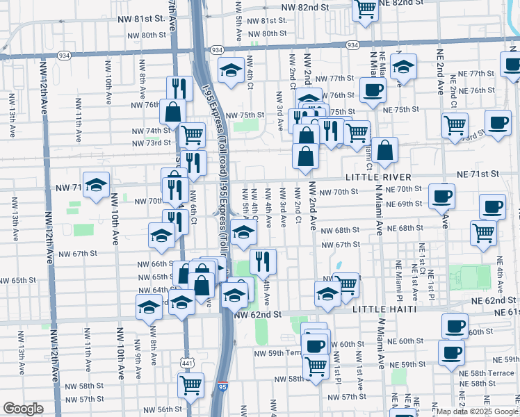 map of restaurants, bars, coffee shops, grocery stores, and more near 6940 Northwest 4th Avenue in Miami