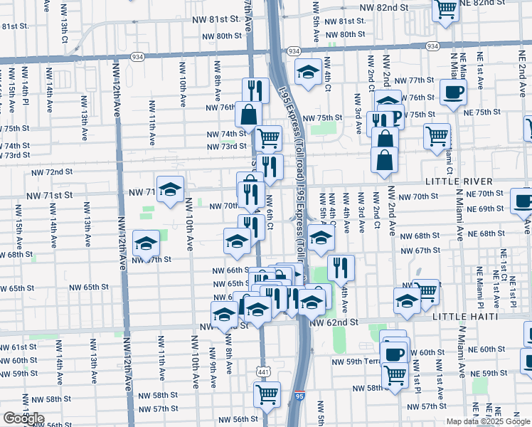 map of restaurants, bars, coffee shops, grocery stores, and more near 7012 Northwest 6th Court in Miami