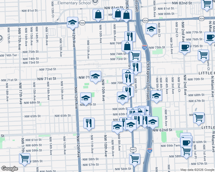 map of restaurants, bars, coffee shops, grocery stores, and more near 923 Northwest 70th Street in Miami