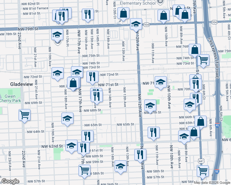 map of restaurants, bars, coffee shops, grocery stores, and more near 1342 Northwest 71st Street in Miami