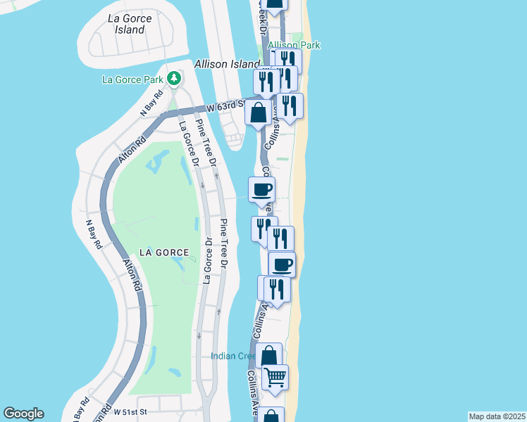 map of restaurants, bars, coffee shops, grocery stores, and more near 5750 Collins Avenue in Miami