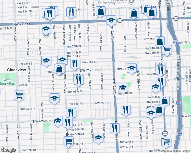 map of restaurants, bars, coffee shops, grocery stores, and more near 1354 Northwest 70th Street in Miami