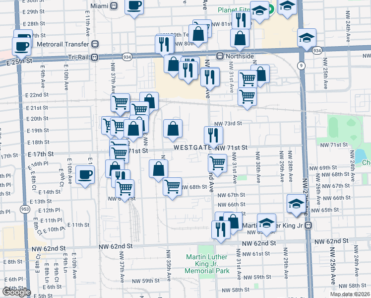 map of restaurants, bars, coffee shops, grocery stores, and more near 7101 Northwest 33rd Avenue in Miami