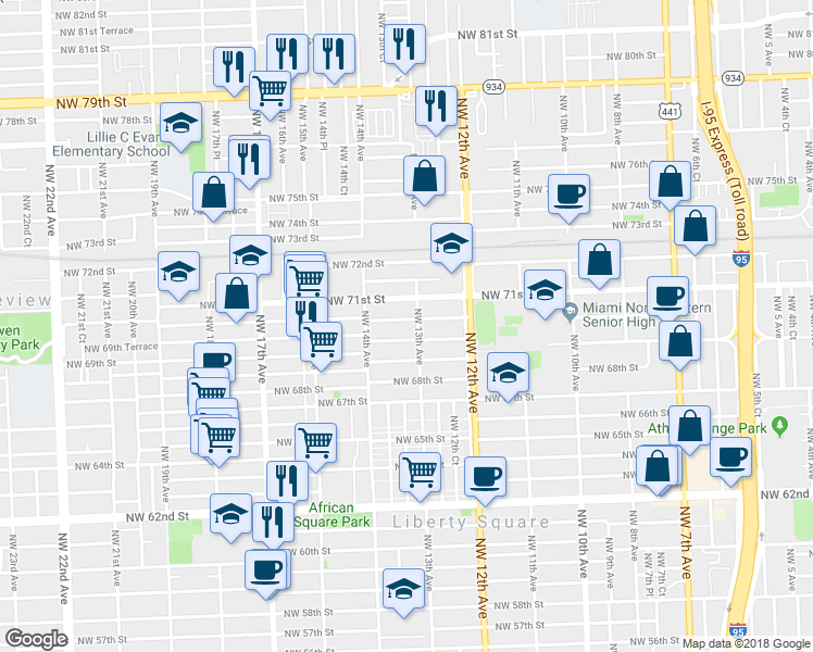 map of restaurants, bars, coffee shops, grocery stores, and more near 1320 Northwest 70th Street in Miami