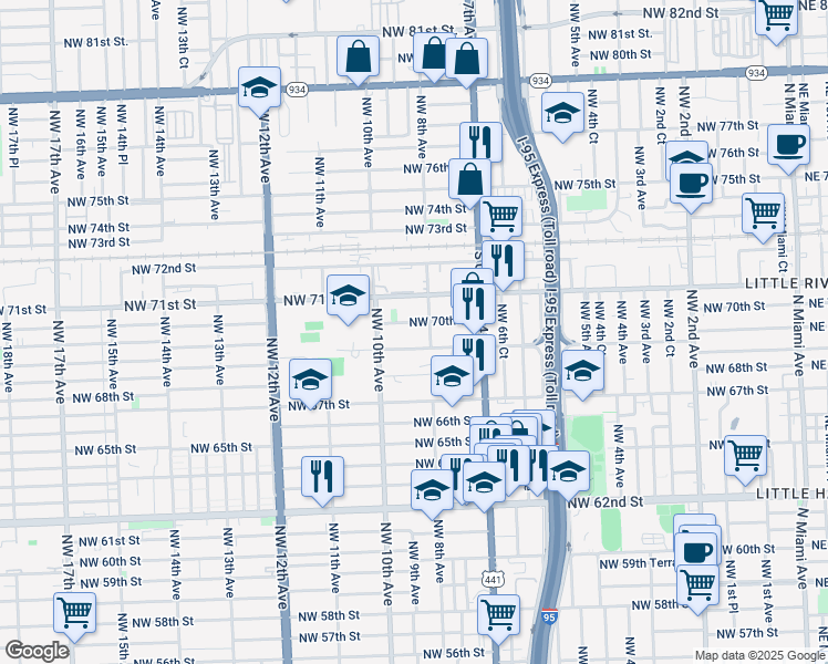 map of restaurants, bars, coffee shops, grocery stores, and more near 7000 Northwest 8th Avenue in Miami