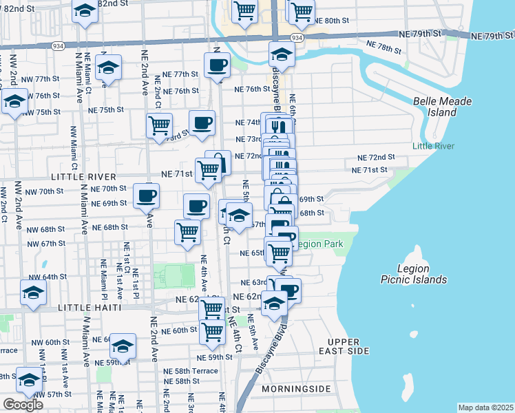 map of restaurants, bars, coffee shops, grocery stores, and more near 531 Northeast 68th Street in Miami