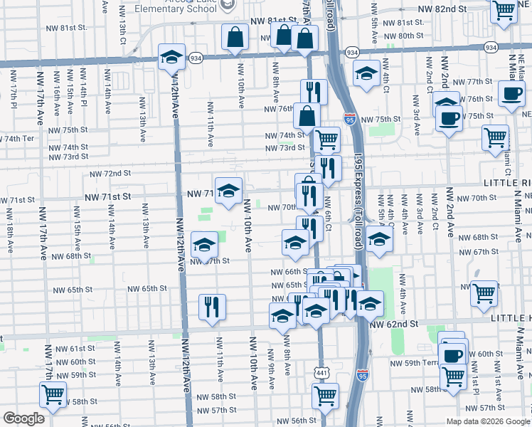 map of restaurants, bars, coffee shops, grocery stores, and more near 7000 Northwest 8th Avenue in Miami