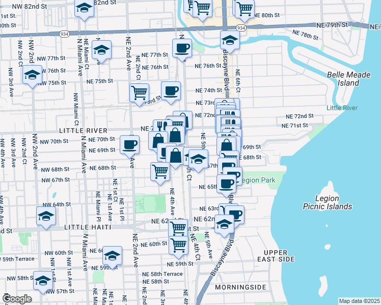 map of restaurants, bars, coffee shops, grocery stores, and more near 469 Northeast 69th Street in Miami