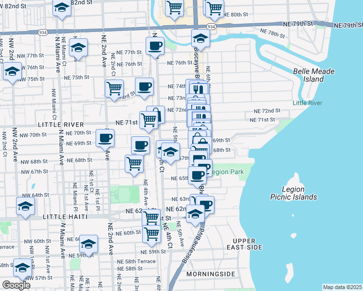 map of restaurants, bars, coffee shops, grocery stores, and more near 547 Northeast 69th Street in Miami