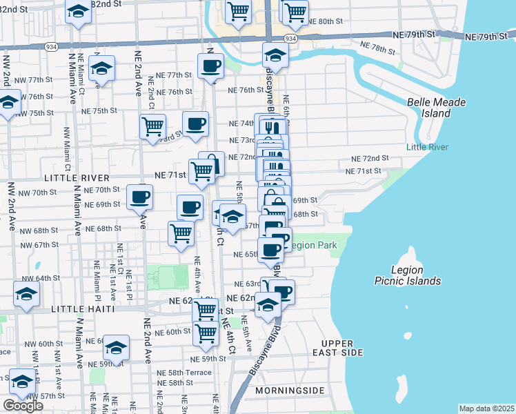 map of restaurants, bars, coffee shops, grocery stores, and more near 547 Northeast 69th Street in Miami