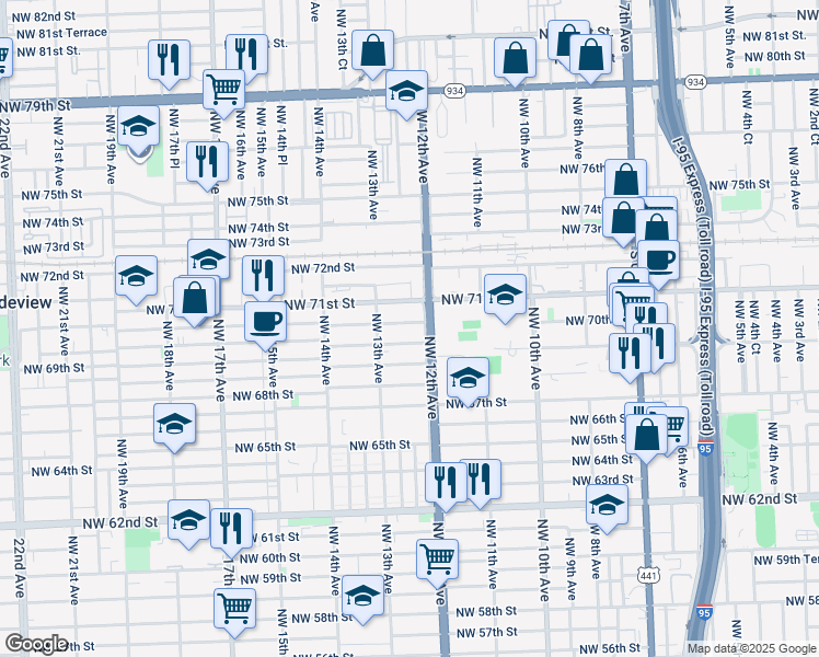 map of restaurants, bars, coffee shops, grocery stores, and more near 1268 Northwest 71st Street in Miami