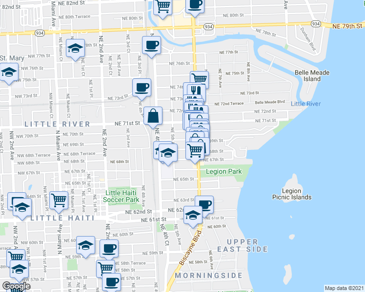 map of restaurants, bars, coffee shops, grocery stores, and more near 547 Northeast 69th Street in Miami