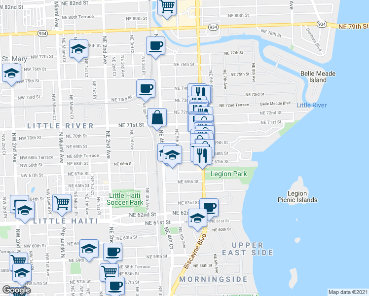 map of restaurants, bars, coffee shops, grocery stores, and more near 547 Northeast 69th Street in Miami