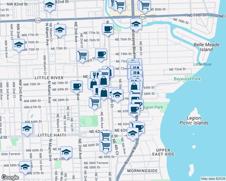 map of restaurants, bars, coffee shops, grocery stores, and more near 469 Northeast 69th Street in Miami