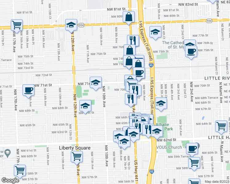 map of restaurants, bars, coffee shops, grocery stores, and more near 7000 Northwest 8th Avenue in Miami