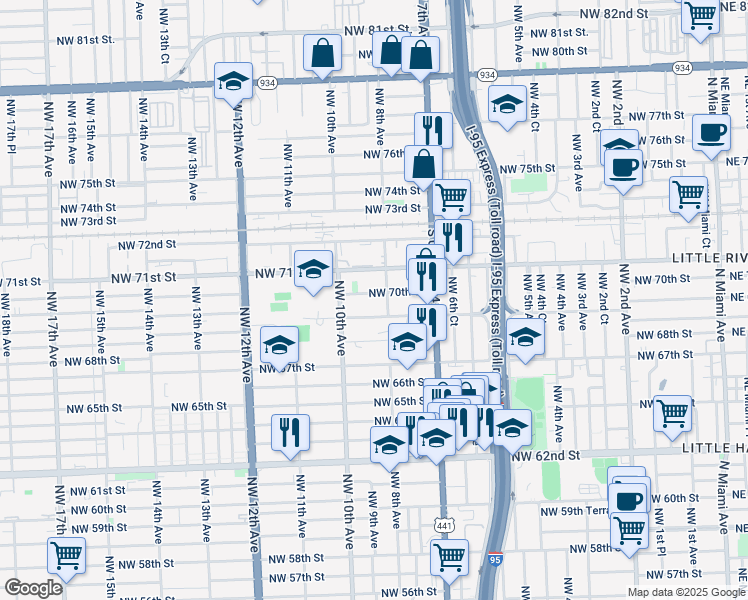 map of restaurants, bars, coffee shops, grocery stores, and more near 7000 Northwest 8th Avenue in Miami