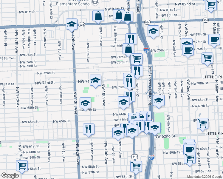 map of restaurants, bars, coffee shops, grocery stores, and more near 7000 Northwest 8th Avenue in Miami
