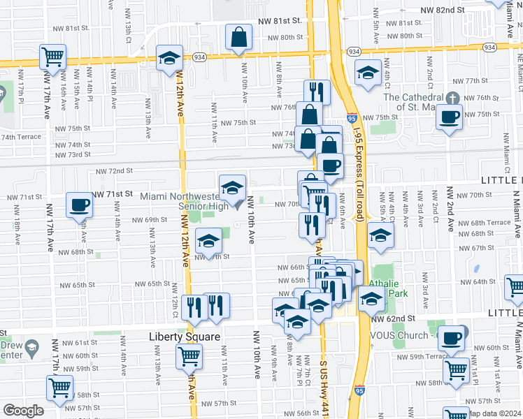 map of restaurants, bars, coffee shops, grocery stores, and more near 923 Northwest 70th Street in Miami