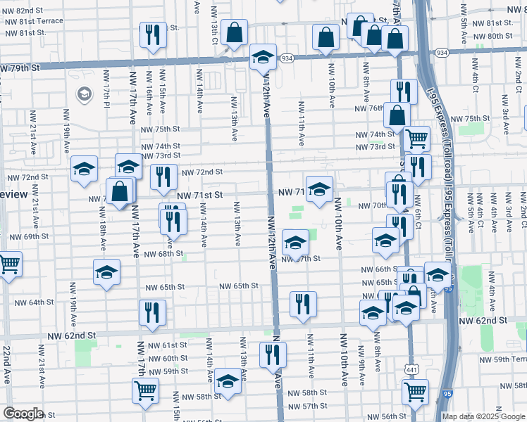 map of restaurants, bars, coffee shops, grocery stores, and more near 1195 Northwest 71st Street in Miami