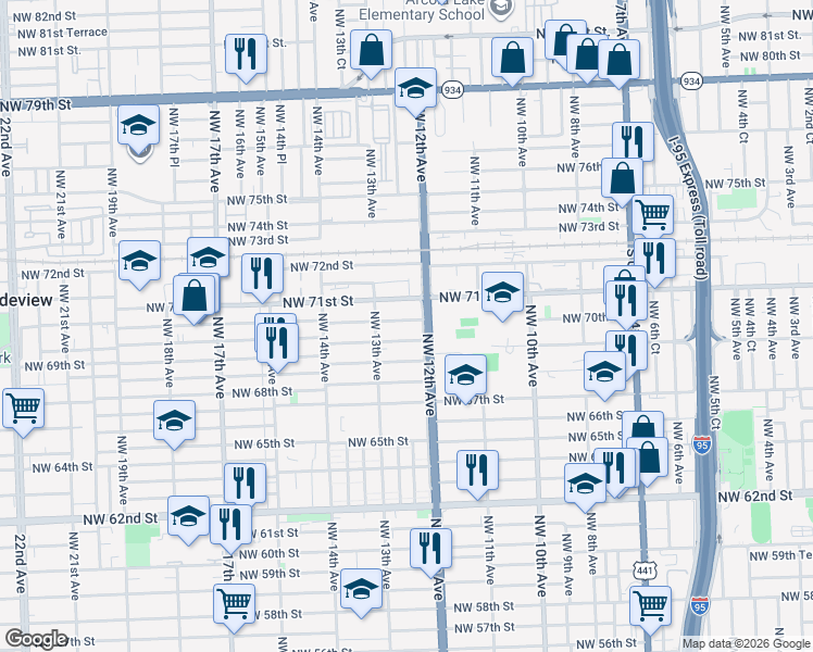 map of restaurants, bars, coffee shops, grocery stores, and more near 1268 Northwest 71st Street in Miami
