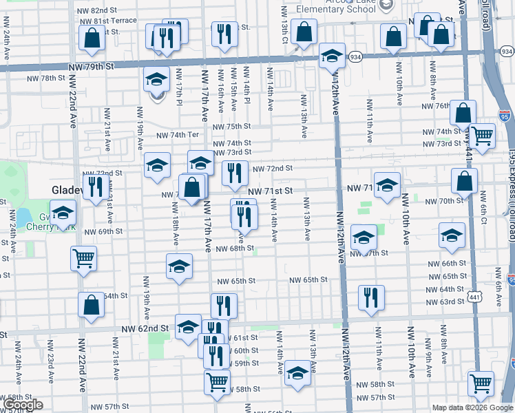 map of restaurants, bars, coffee shops, grocery stores, and more near 1410 Northwest 71st Street in Miami
