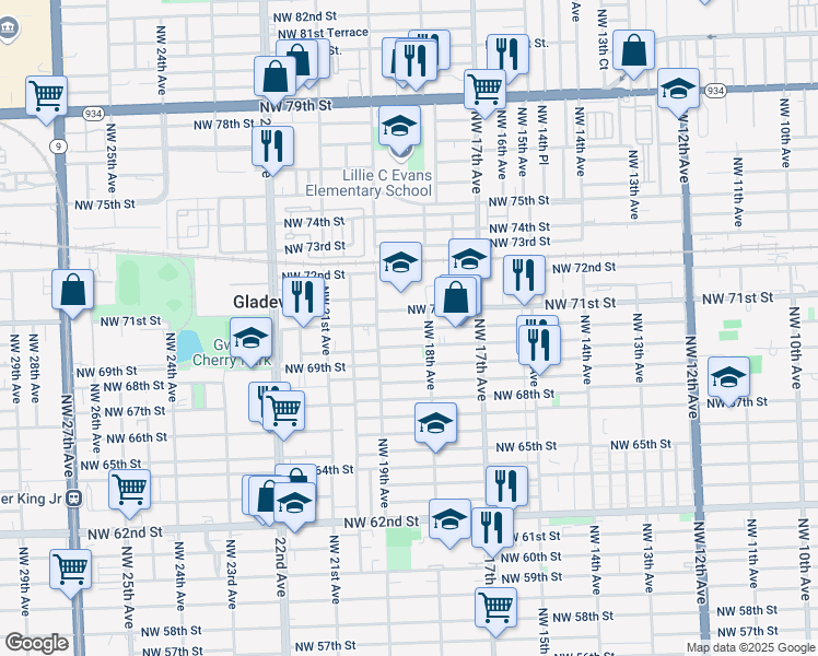 map of restaurants, bars, coffee shops, grocery stores, and more near 1855 Northwest 71st Street in Miami