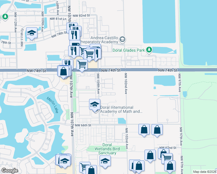 map of restaurants, bars, coffee shops, grocery stores, and more near 10281 Northwest 72nd Street in Doral
