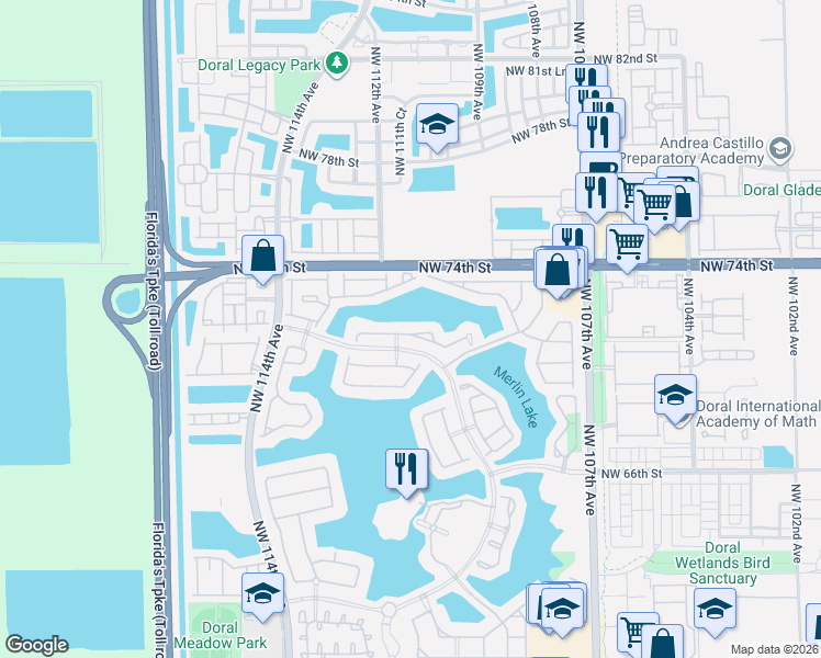 map of restaurants, bars, coffee shops, grocery stores, and more near 11107 Northwest 72nd Terrace in Doral