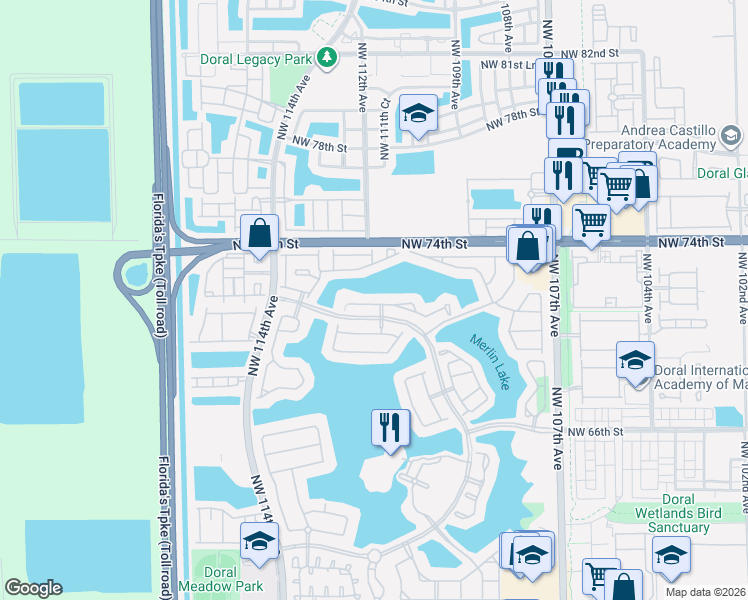 map of restaurants, bars, coffee shops, grocery stores, and more near 11107 Northwest 72nd Terrace in Doral