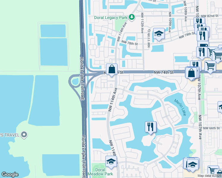 map of restaurants, bars, coffee shops, grocery stores, and more near 7250 Northwest 114th Avenue in Doral