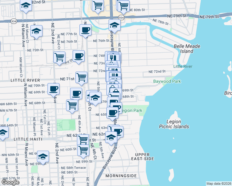 map of restaurants, bars, coffee shops, grocery stores, and more near in Miami