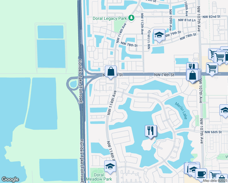 map of restaurants, bars, coffee shops, grocery stores, and more near NW 114th Ave & NW 72nd St in Doral