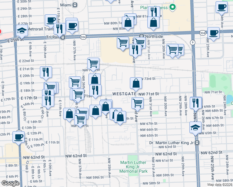 map of restaurants, bars, coffee shops, grocery stores, and more near 7101-7149 NW 33rd Ave in Miami