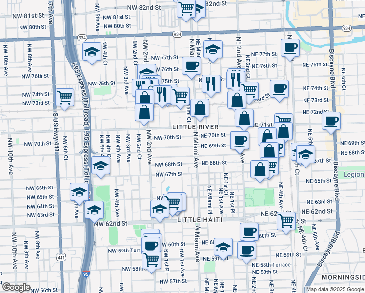 map of restaurants, bars, coffee shops, grocery stores, and more near 38 Northwest 70th Street in Miami