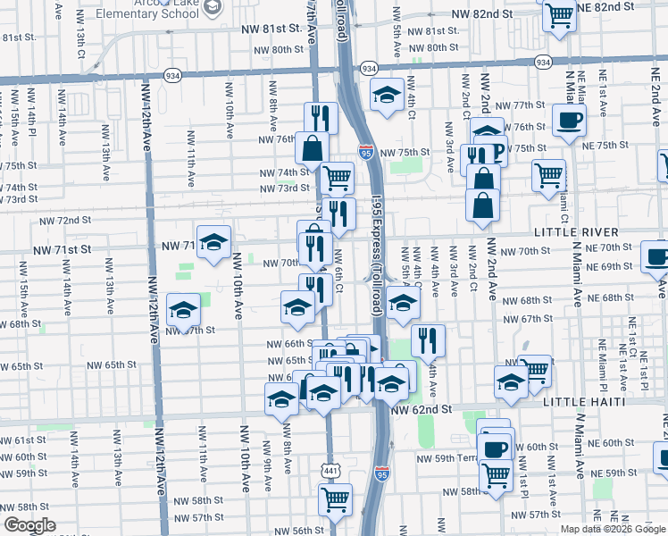 map of restaurants, bars, coffee shops, grocery stores, and more near 7012 Northwest 6th Court in Miami